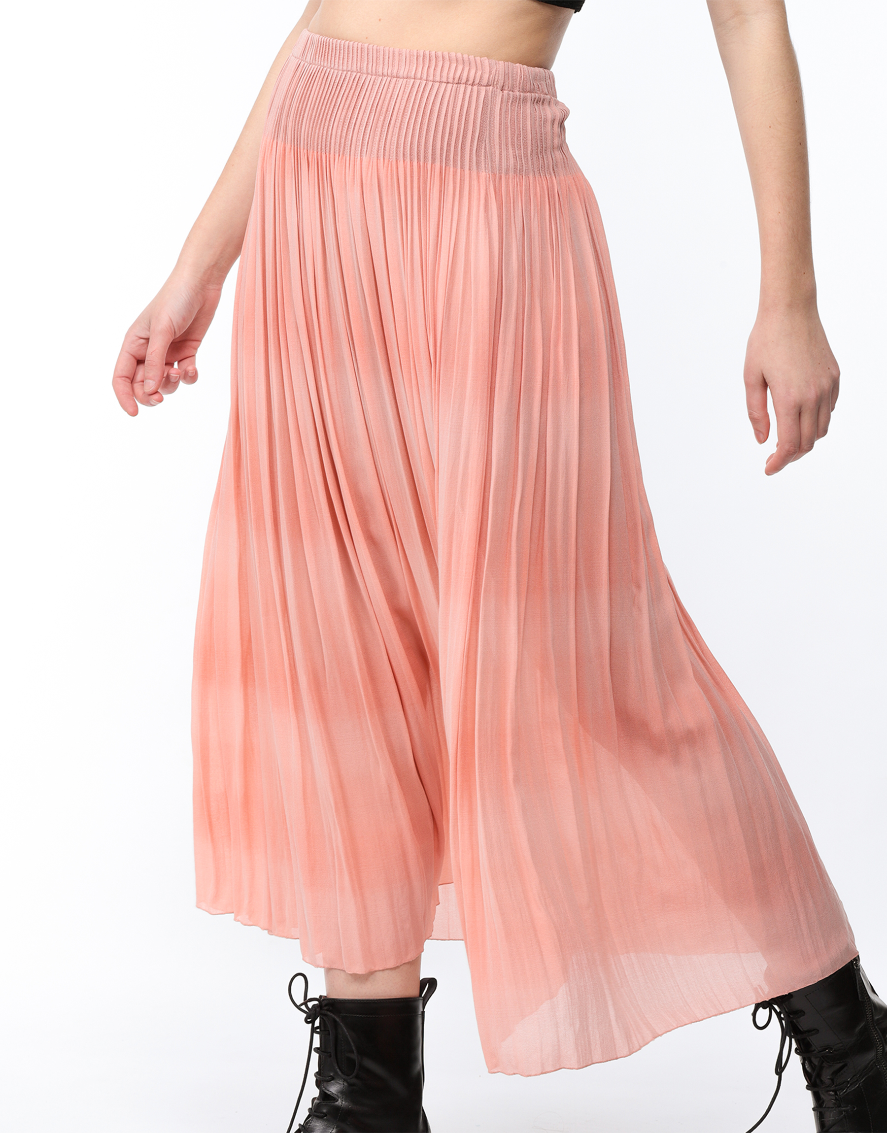 Fluid pleated basque skirt in silk and viscose gradient salmon 